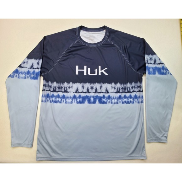 Huk Fishing Performance Shirt XL Blue Long Sleeve Graphic Print Spellout - Picture 1 of 9